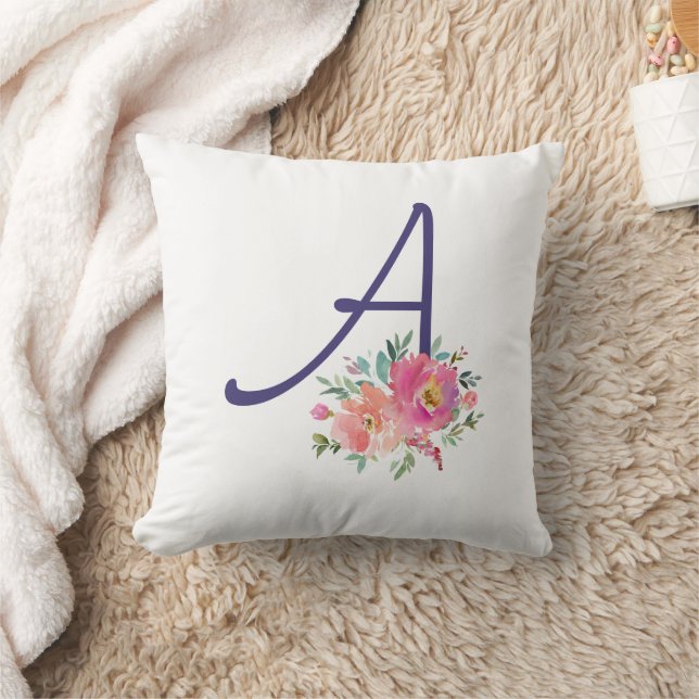 Elegante Monogram, Initial Pink Watercolor-Rose Kissen (Decke)