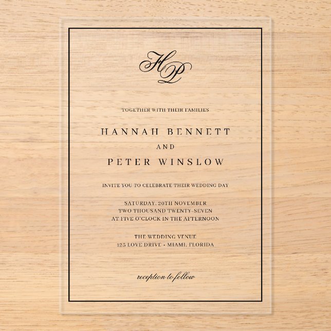 Elegante Monogram-Initials Black Frame Wedding Acryleinladungen (Vorderseite)