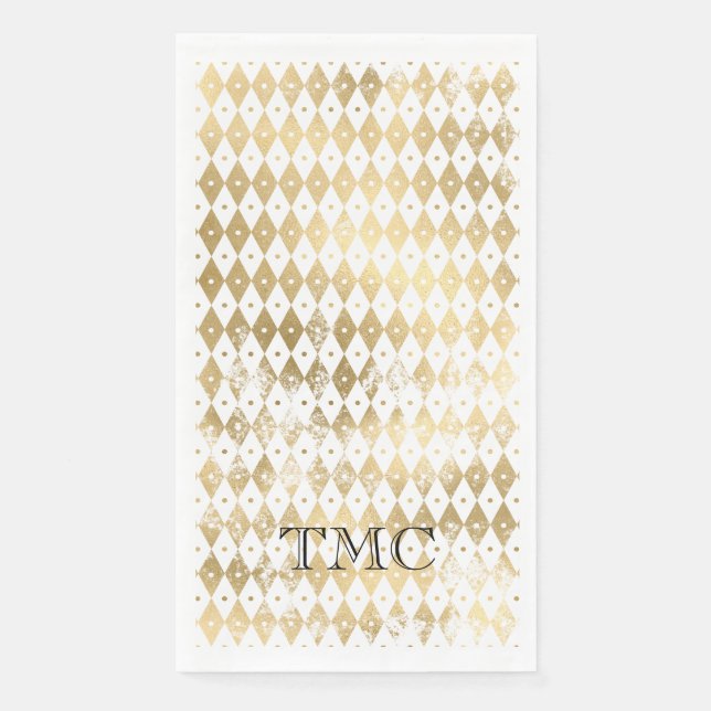 Elegante Monogram Initials Black Gold Harlequin Serviette (Vorderseite)