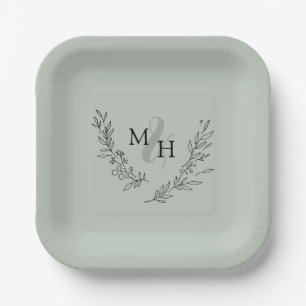 Elegante Monogram Laurel Wreath Sage Wedding Pappteller