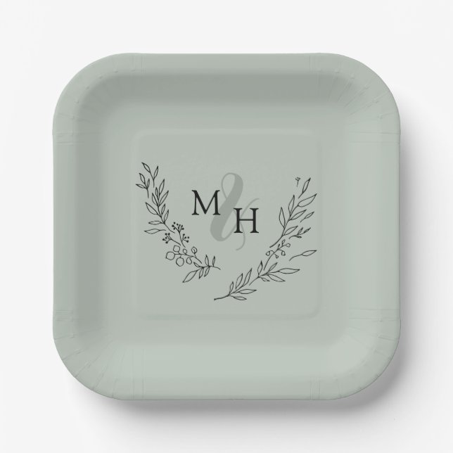 Elegante Monogram Laurel Wreath Sage Wedding Pappteller (Vorderseite)