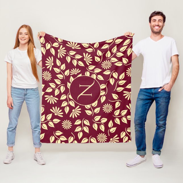 Elegante Monogram Leaf Daisy Muster Burgundy Bath Fleecedecke (Beispiel)