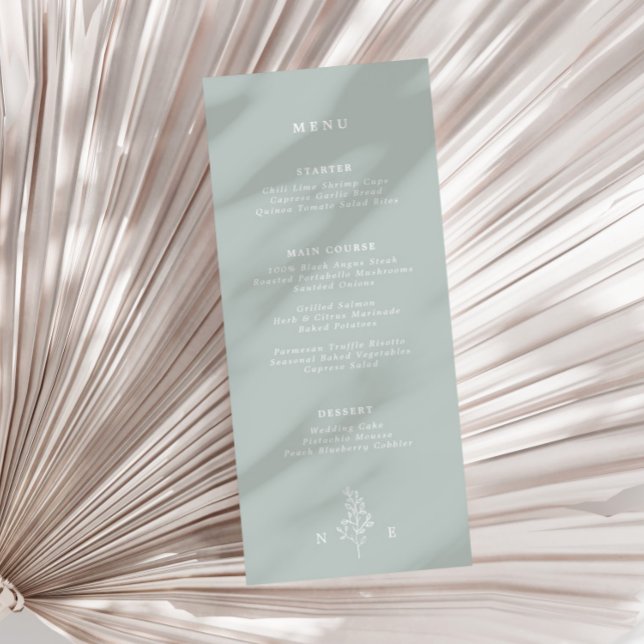 Elegante Monogram Leaf Sage Green Wedding Menükarte (Von Creator hochgeladen)
