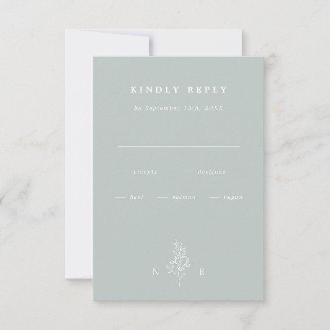 Elegante Monogram Leaf Sage Green Wedding RSVP Karte (Vorderseite)