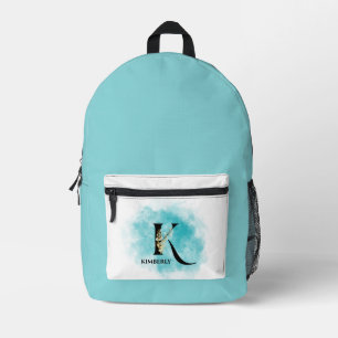 Elegante Monogram Letter K Aquamarin Gold Blume Bedruckter Rucksack
