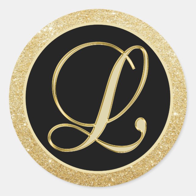 Elegante Monogram Letter L Black Gold Glitzer Sieg Runder Aufkleber (Vorderseite)
