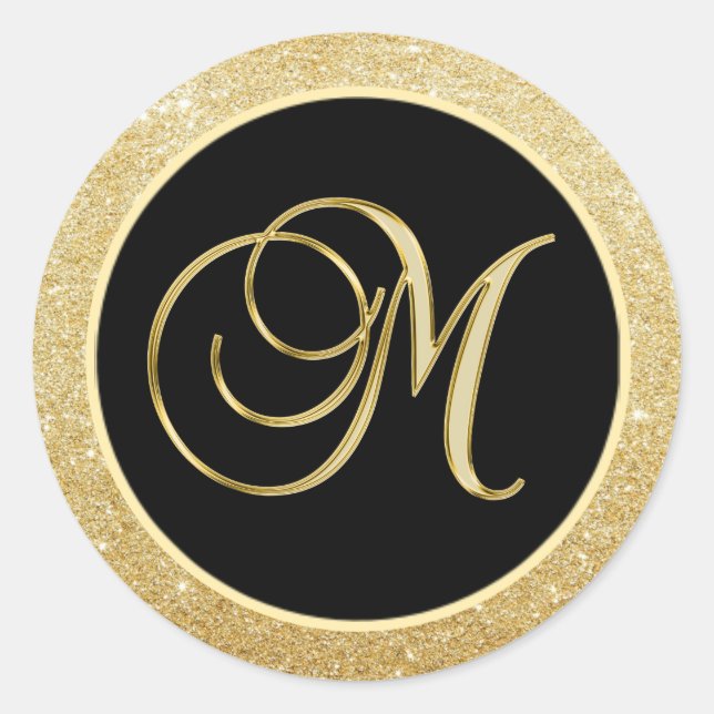 Elegante Monogram Letter M Black Gold Glitzer Sieg Runder Aufkleber (Vorderseite)