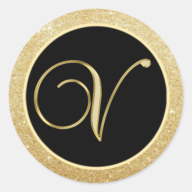 Elegante Monogram Letter V Black Gold Glitzer Sieg Runder Aufkleber (Vorderseite)