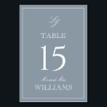 Elegante Monogram Modernes Script Dusty Blue Weddi Tischnummer<br><div class="desc">Führe deine Gäste stilvoll auf ihre Plätze mit unseren eleganten Monogram Modern Script Dusty Blue Wedding Tischnummer Cards. Diese wunderschön gestalteten Karten verfügen über eine luxuriöse, staubige blau-weiße Farbpalette, die sich perfekt eignet, um jede formale Angelegenheit mit einer Touch an Eleganz zu bereichern. Die raffinierte Kalligraphie-Schrift und das klassische Monogramm-Design...</div>