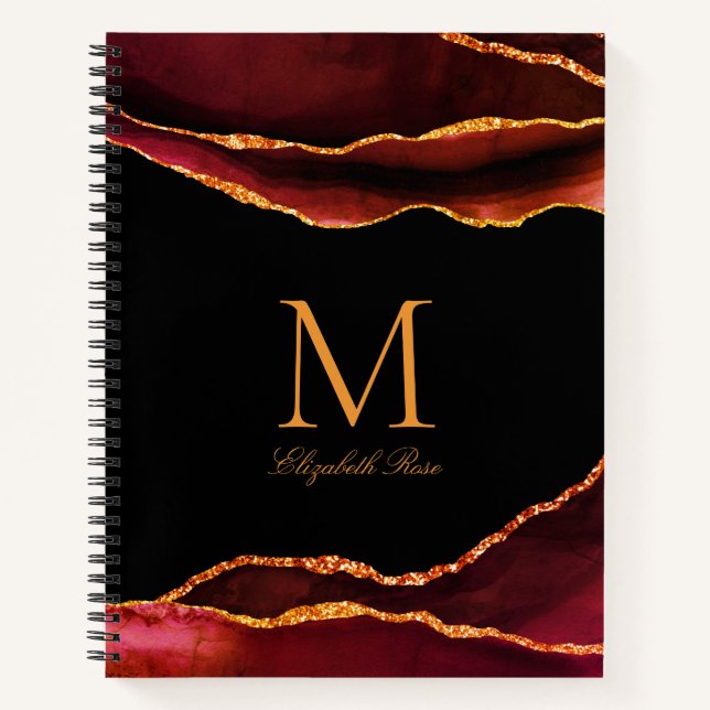 Elegante Monogram Name Burgundy Rust Gold Black Notizbuch (Vorderseite)