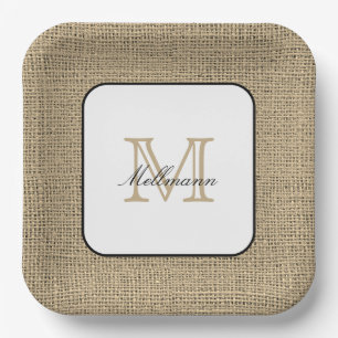 Elegante Monogram Name Chic Farmhouse Style Burlap Pappteller