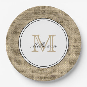 Elegante Monogram Name Country Chic Style Burlap Pappteller