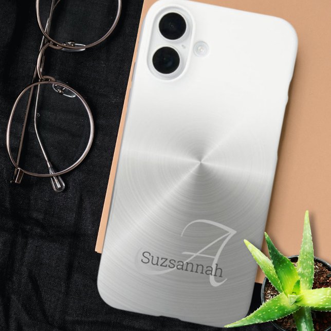 Elegante Monogram Name White Ombre Imitate Metal iPhone 16 Plus Hülle (Phone case back cover brushed faux metal monogram and name template)