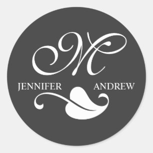 Elegante Monogram-Namen Hochzeitsticker Kohle Runder Aufkleber