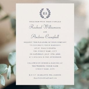 Elegante Monogram Navy Blue Wedding Einladung