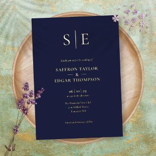 Elegante Monogram Navy Blue Wedding Gold Folieneinladung
