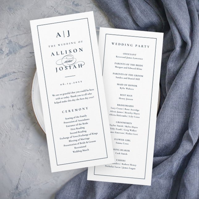 Elegante Monogram Navy Blue Wedding Programm (Elegant Navy Blue and White Wedding Programs with Monogram.)