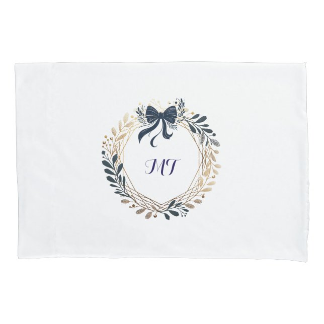 Elegante Monogram Navy und Gold Wreath Bow Kissenbezug (Vorderseite)