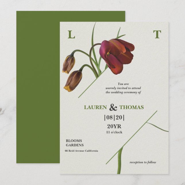 Elegante Monogram Papaya Whip Bloom Tulips Wedding Einladung (Vorne/Hinten)