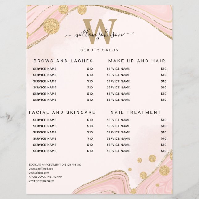 Elegante Monogram Pink Gold Marble Agate Preislist Flyer (Vorne)