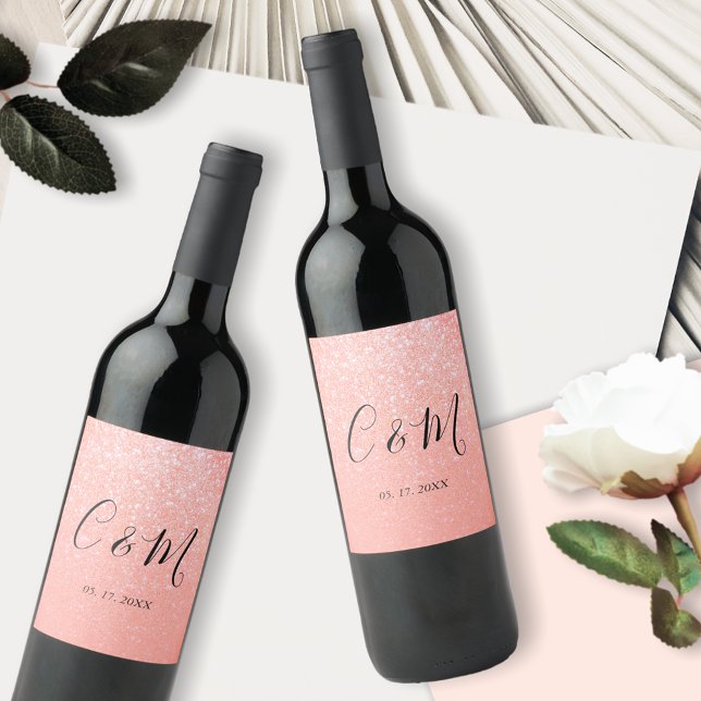 Elegante Monogram Pink - Orange Glitzer Wedding Weinetikett (Von Creator hochgeladen)