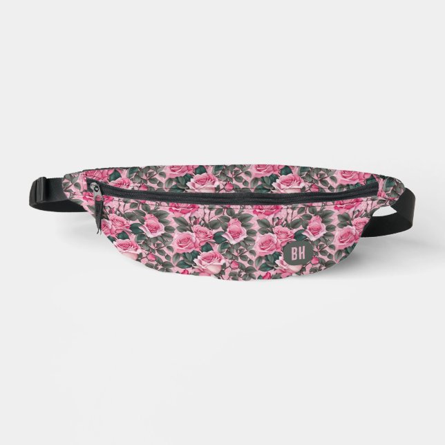 Elegante Monogram Pink Roses Bauchtasche (Vorderseite)