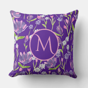 Elegante Monogram Romantische Lila Weibchenblüte Kissen