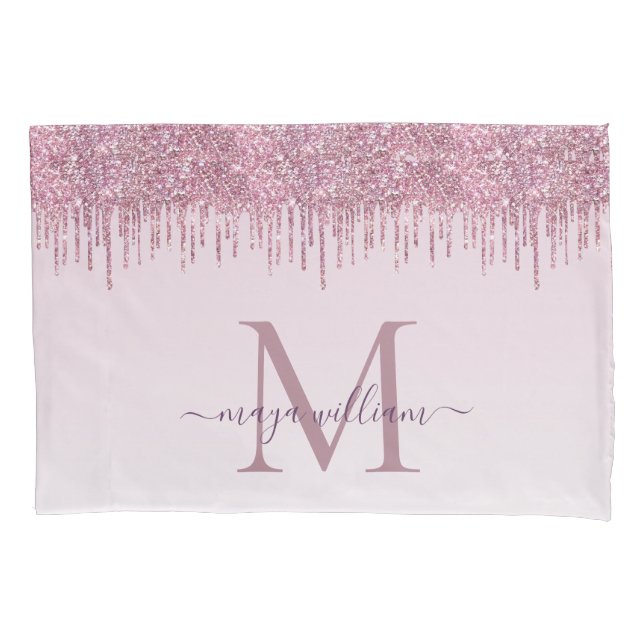 Elegante Monogram Rose Glitzer Tropfen Kissenbezug (Vorderseite)