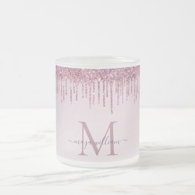 Elegante Monogram Rose Glitzer Tropfen Mattglastasse (Mittel)