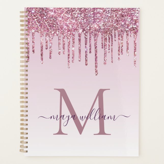 Elegante Monogram Rose Glitzer Tropfen Planer (Vorderseite)