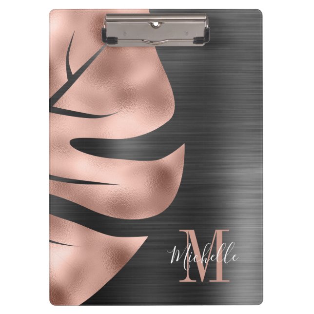 Elegante Monogram Rose Gold Black Klemmbrett (Vorderseite)