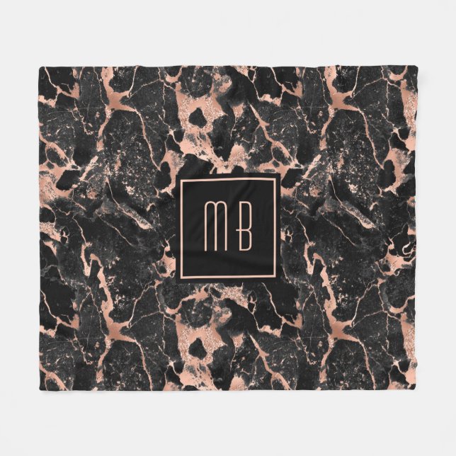 Elegante Monogram Rose Gold Black Marble Fleecedecke (Vorderseite (Horizontal))