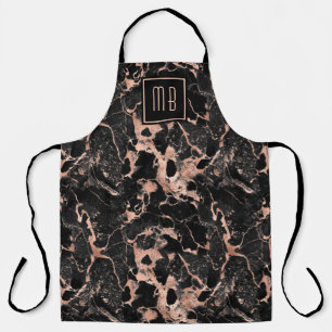 Elegante Monogram Rose Gold Black Marble Schürze