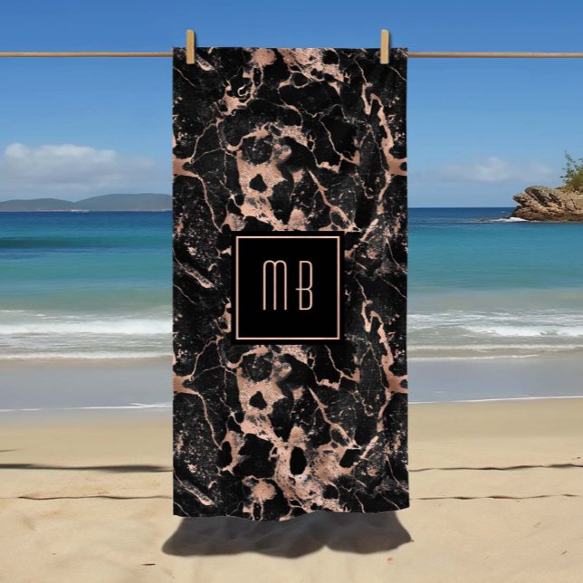 Elegante Monogram Rose Gold Black Marble Strandtuch (Elegant Monogram Rose Gold Black Marble Beach Towel)