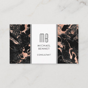 Elegante Monogram Rose Gold Black Marble Visitenkarte