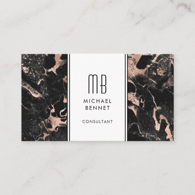 Elegante Monogram Rose Gold Black Marble Visitenkarte (Vorderseite)