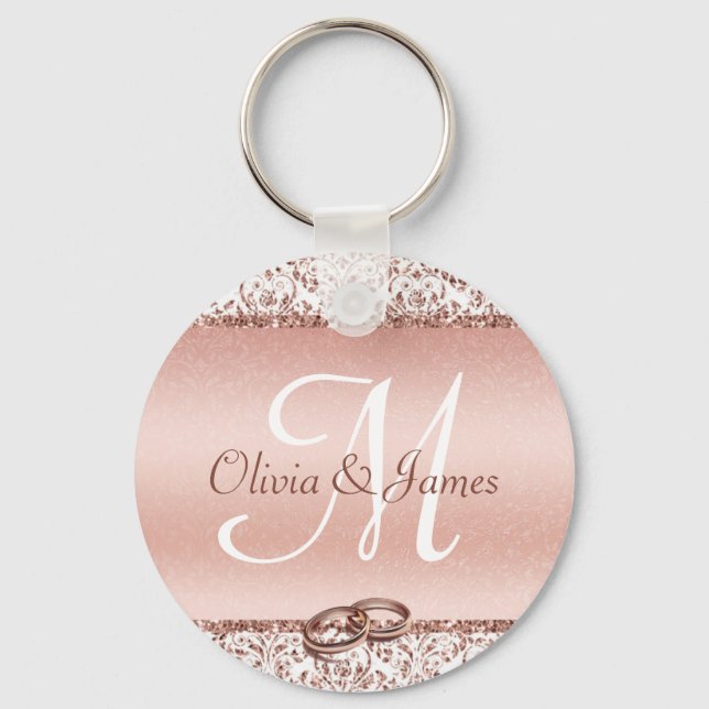 Elegante Monogram Rose Gold Gastgeschenk Hochzeit Schlüsselanhänger (Vorderseite)