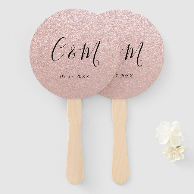 Elegante Monogram Rose Gold Glitzer Wedding Fächer (Vorne und Hinten)