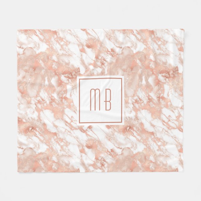 Elegante Monogram Rose Gold Weißer Marmor Fleecedecke (Vorderseite (Horizontal))