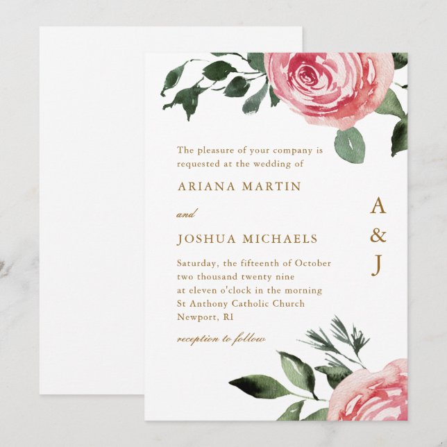 Elegante Monogram-Rose zum Hochzeitsempfang Einladung (Vorne/Hinten)