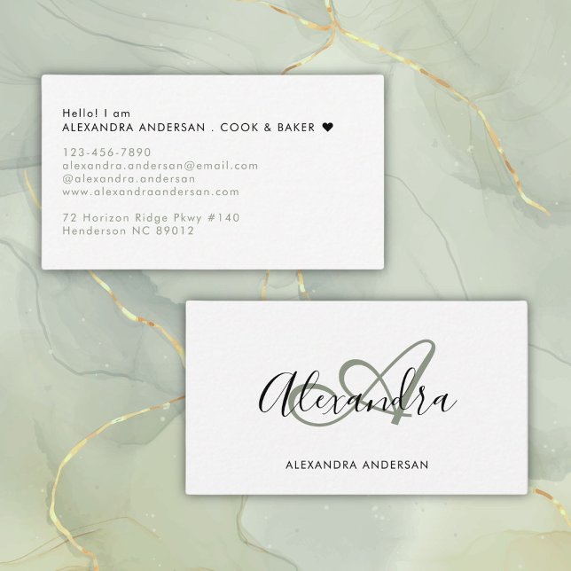 Elegante Monogram Sage Green Black Script Name Visitenkarte (Elegant Monogram Sage Green Black Script Name Business Card)