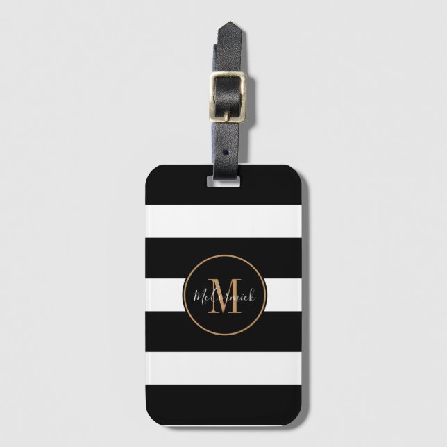 Elegante Monogram Schwarz-weiß Stripes Goldname Gepäckanhänger (Vorderseite Vertikal)