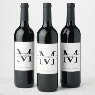 Elegante Monogram Schwarz-weiße Hochzeitsschrift Weinetikett