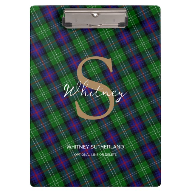 Elegante Monogram Script Name Sutherland Tartan Klemmbrett (Vorderseite)