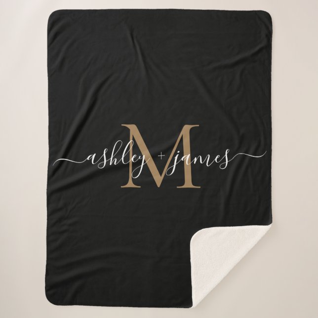 Elegante Monogram Script-Namen Black Gold neu Sherpadecke (Vorderseite)