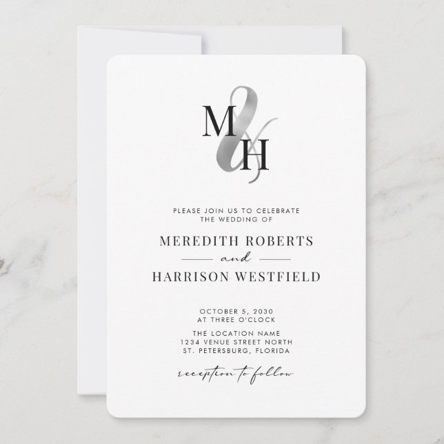Elegante Monogram Silver Ampersand QR Code Wedding Einladung (Vorderseite)