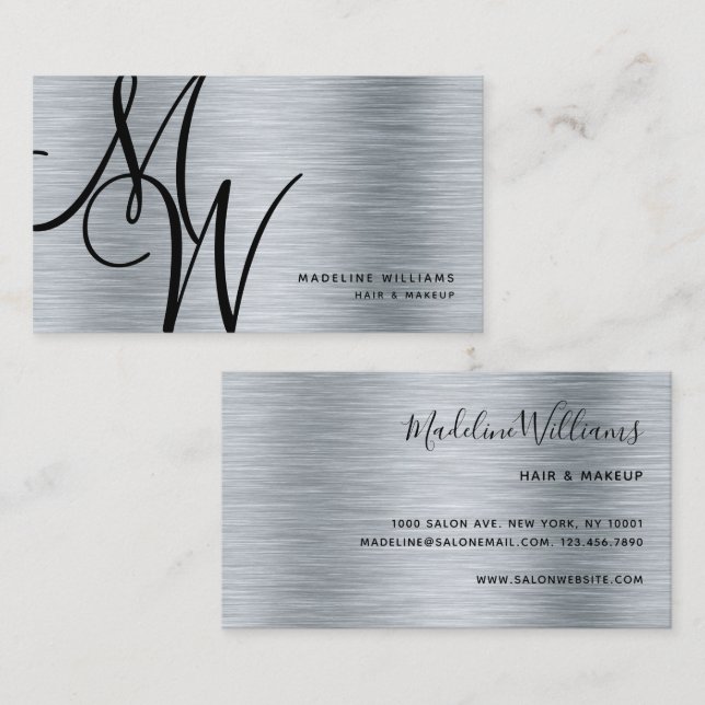 Elegante Monogram Silver Black Modern Script Name Visitenkarte (Vorne/Hinten)