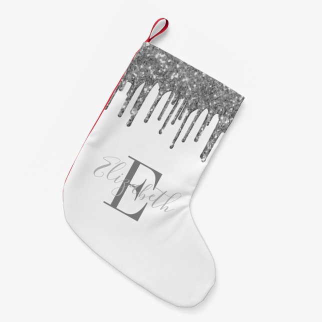 Elegante Monogram Silver Glitzer Tropfen White Kleiner Weihnachtsstrumpf (Vorderansicht (hängend))