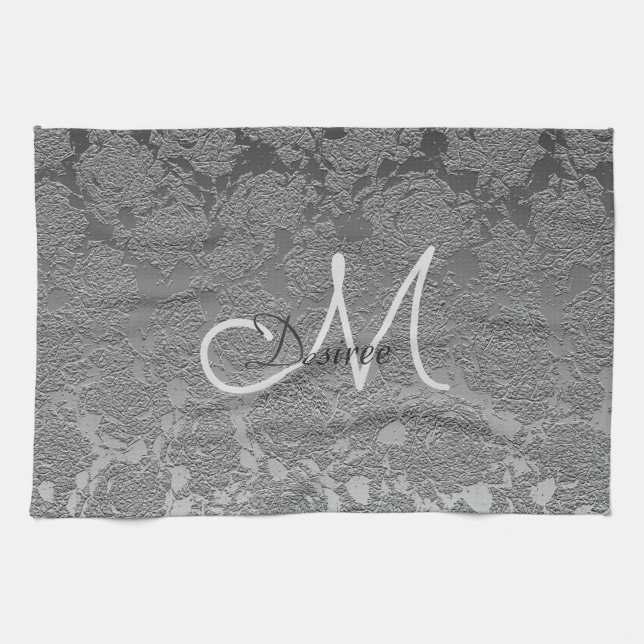 Elegante Monogram Silver Gray Floral Moderne Klass Geschirrtuch (Horizontal)