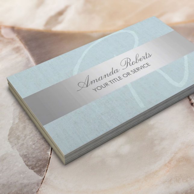 Elegante Monogram Silver Stripe Vintag Blue Linen Visitenkarte (Von Creator hochgeladen)